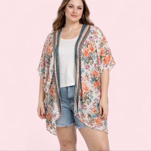 Angie Other - Angie Floral Kimono Large Blue Coral Pink Boho Beach Cover Up Resort Coastal EUC